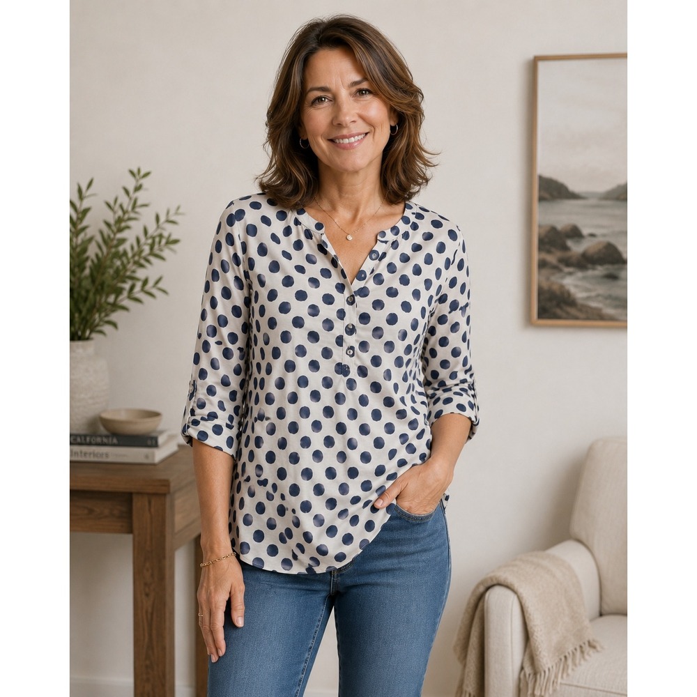 Hester & Orchard Linen‎ Blend Polka Dot Henley Blouse Navy White Small